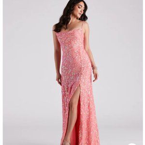{Windsor} 🪷Coral Lynda Formal Sequin A-Line Long Dress w/Medium Slit